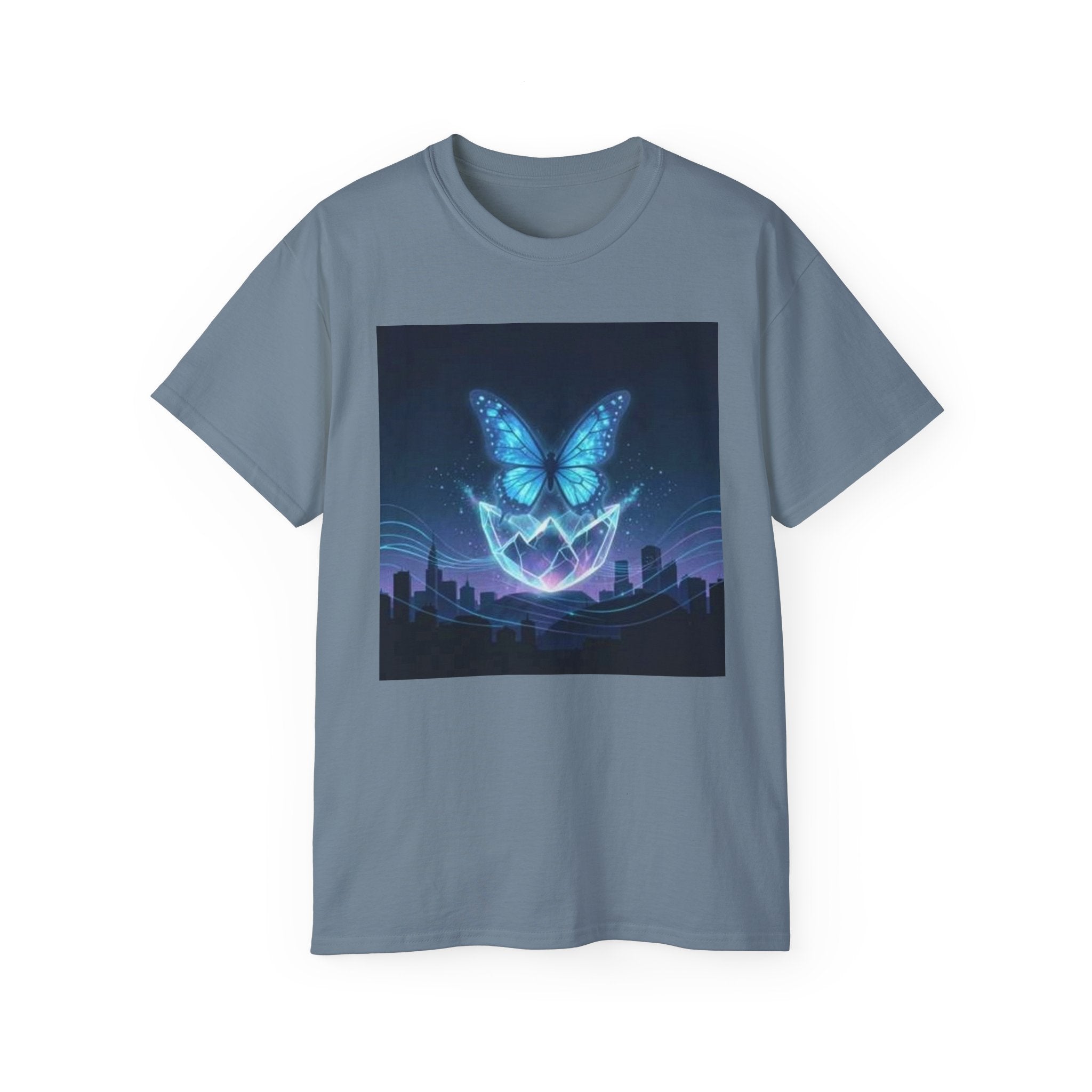 Mystic Neon Butterfly T‑Shirt — Glowing Cityscape Graphic Tee