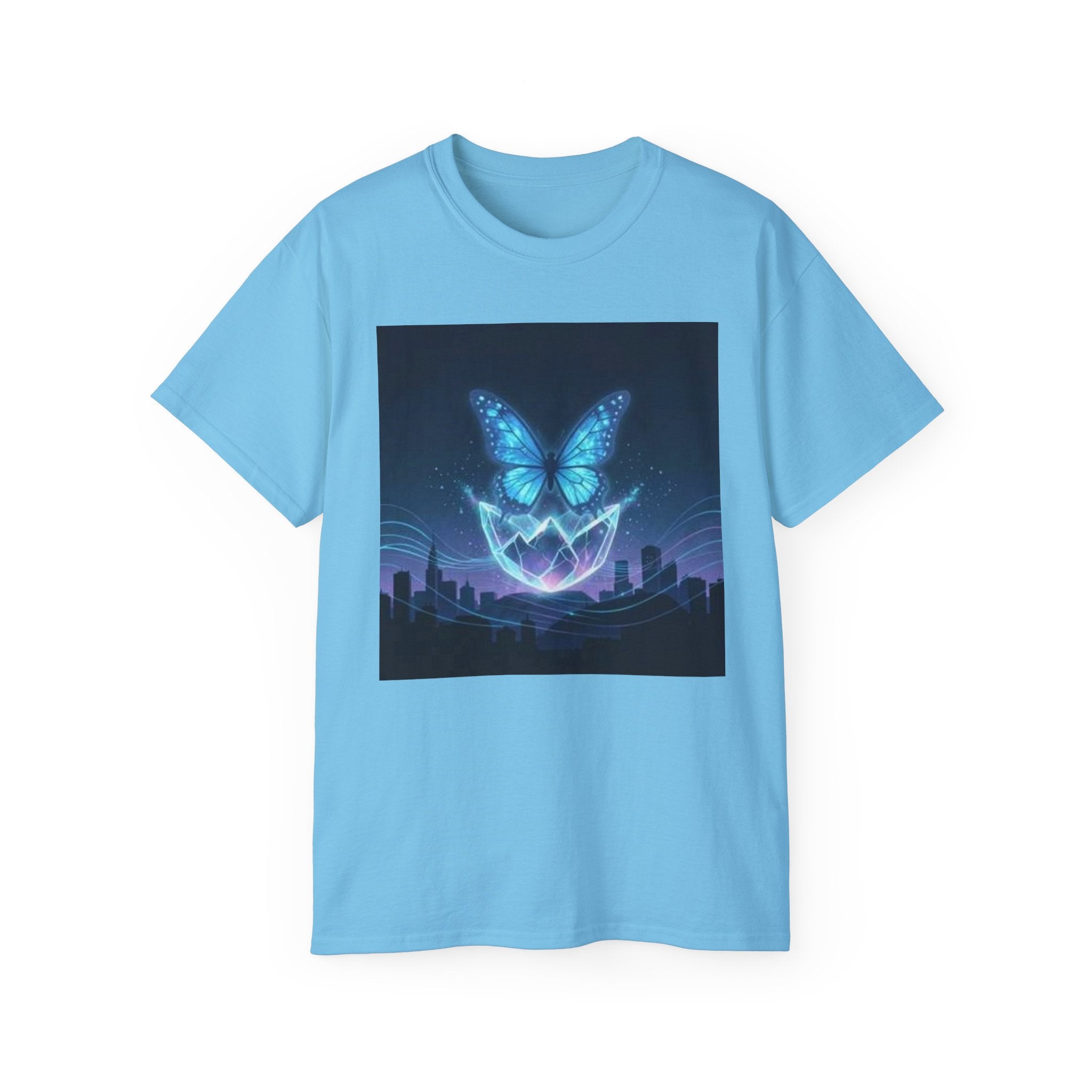 Mystic Neon Butterfly T‑Shirt — Glowing Cityscape Graphic Tee