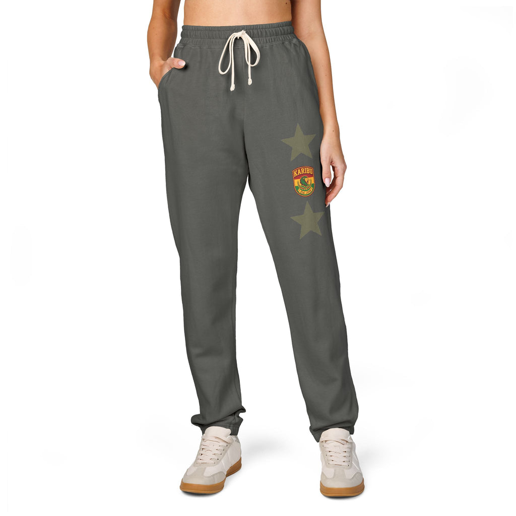 Vintage Army Green Sweatpants with Distressed Stars & Shield Patch