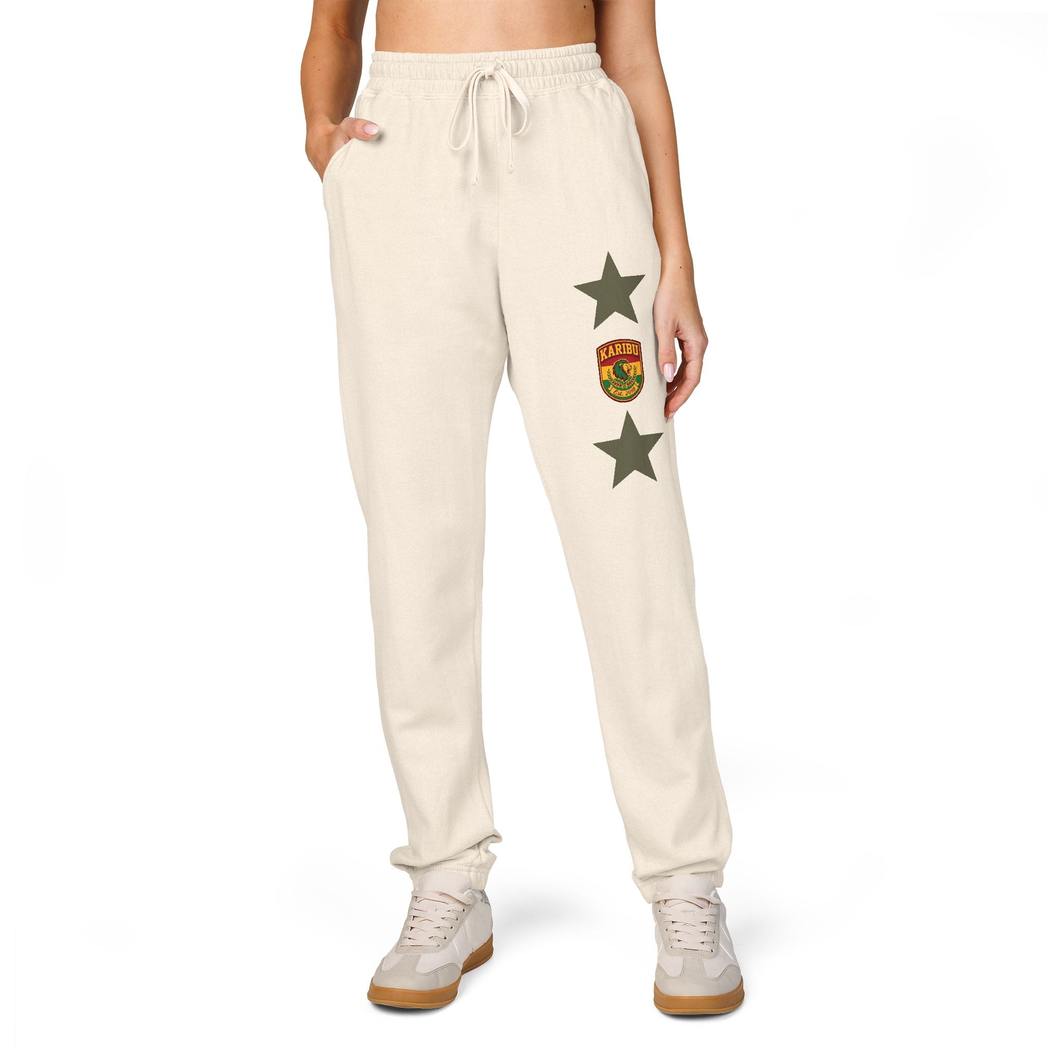 Vintage Army Green Sweatpants with Distressed Stars & Shield Patch