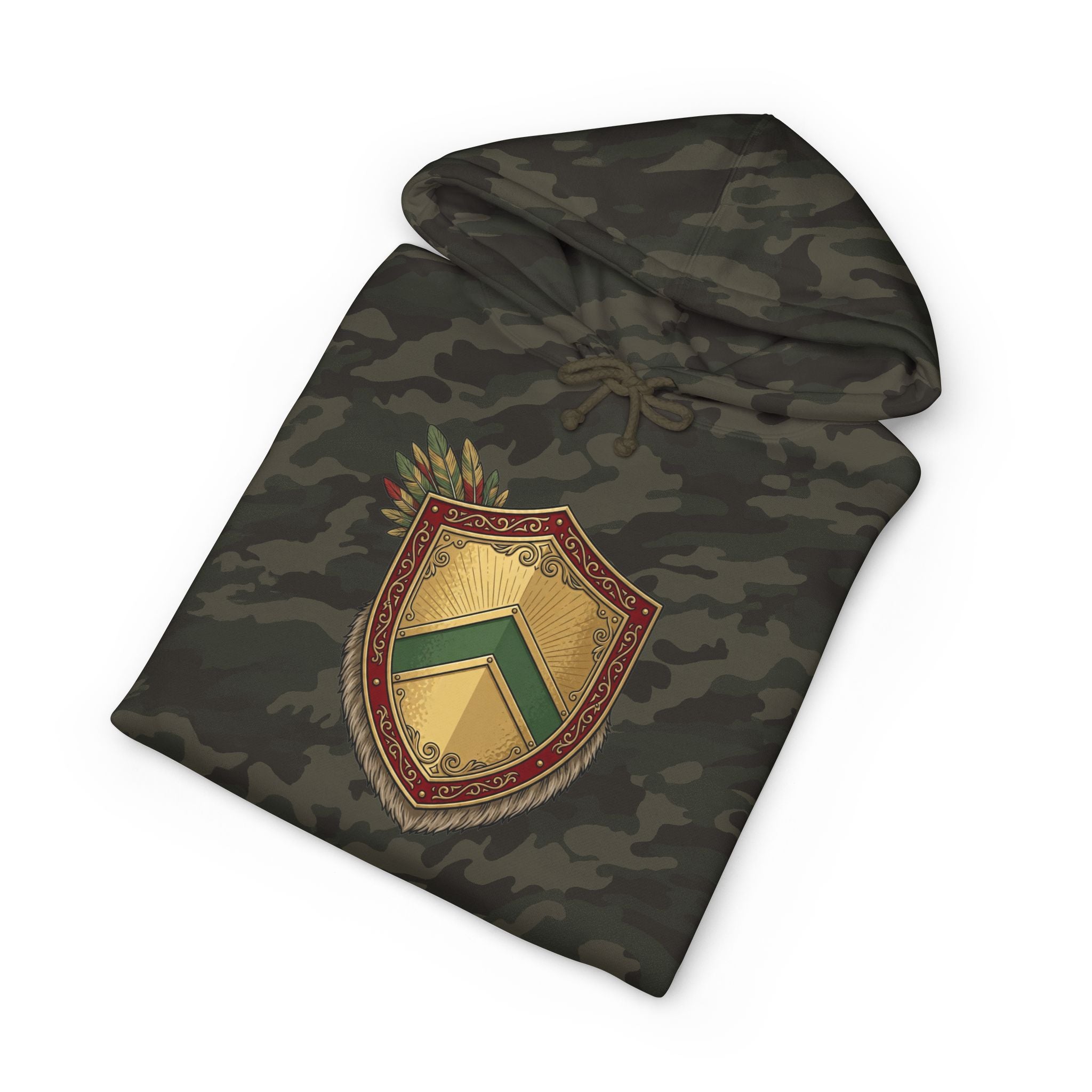 Camo Shield Hoodie — Military Chevron Crest Pullover
