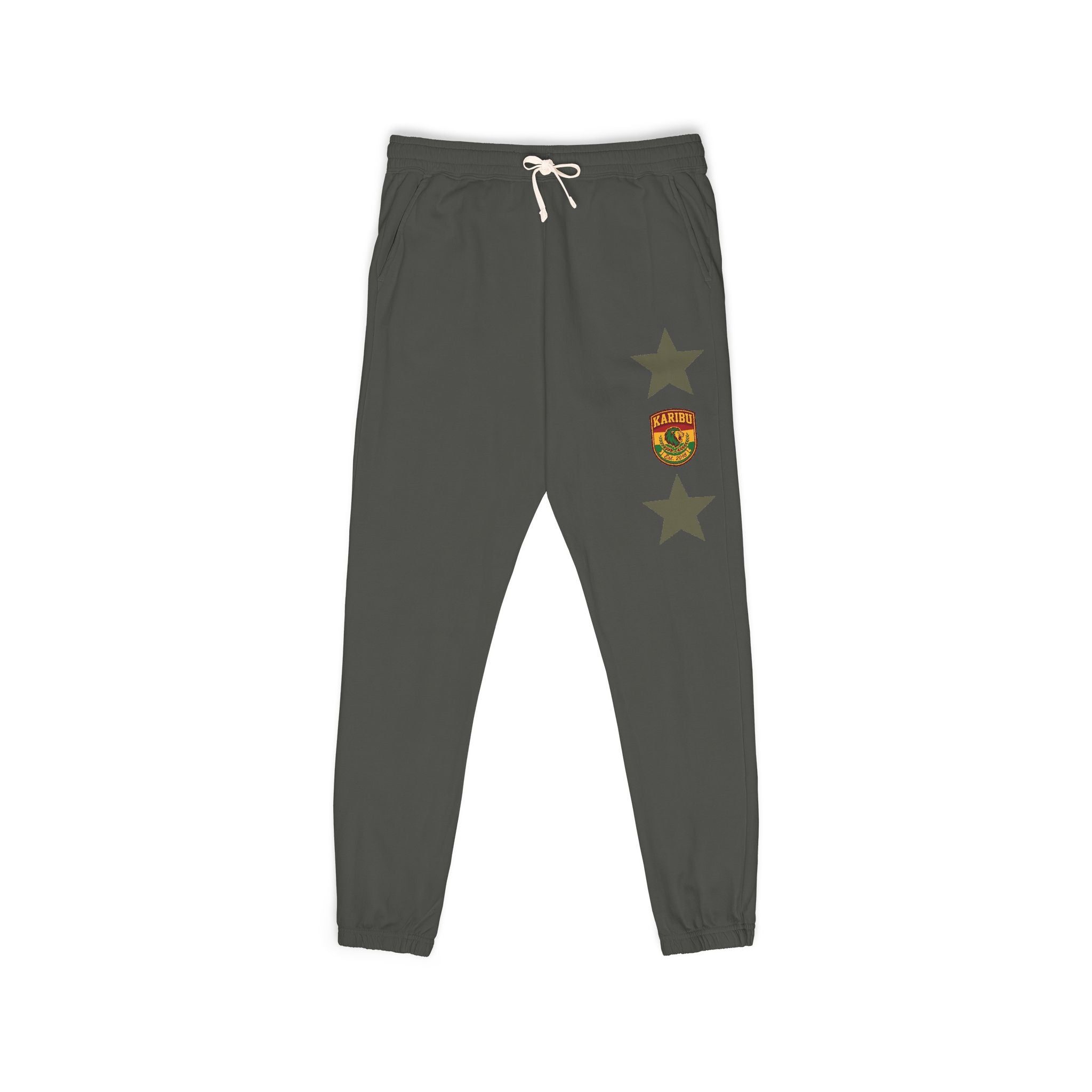 Vintage Army Green Sweatpants with Distressed Stars & Shield Patch