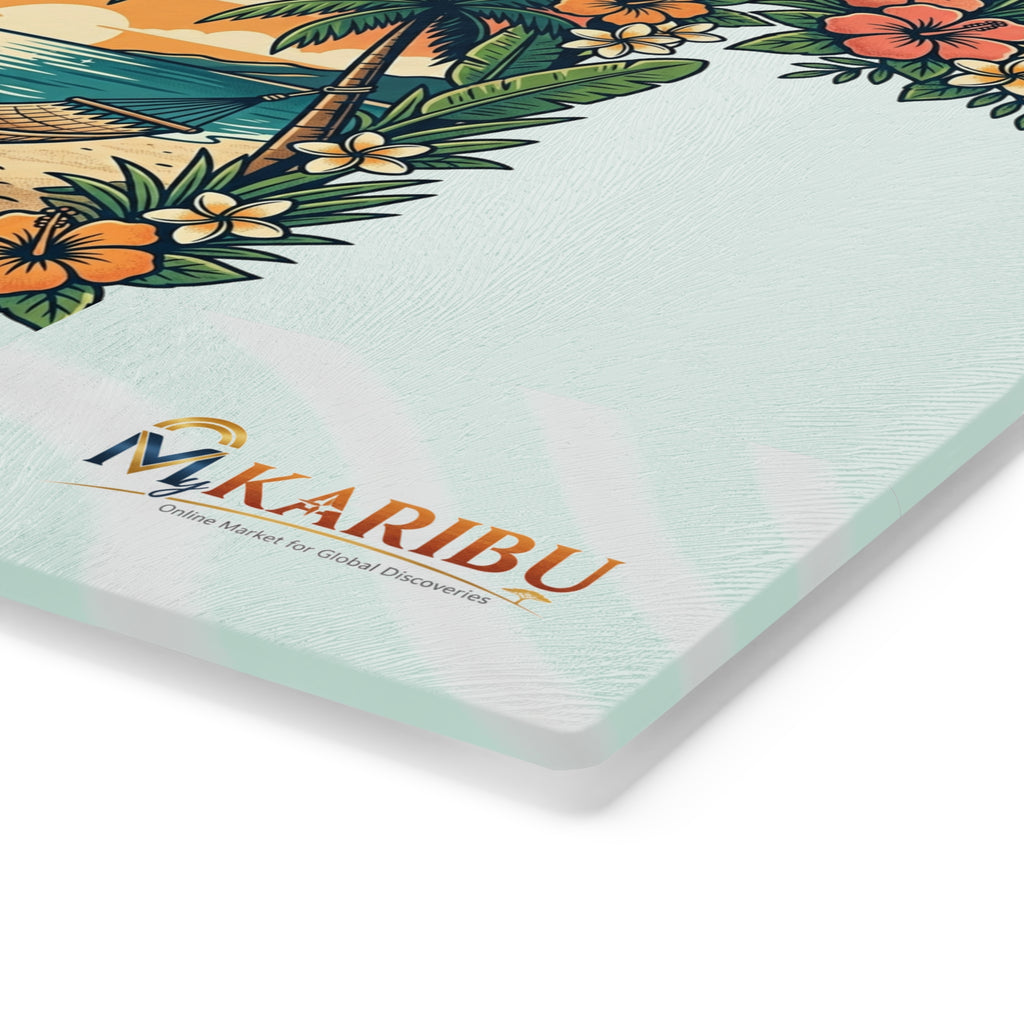 Tropical Beach Cutting Board — Hammock Sunset Design, Floral Palm Island Kitchen Decor