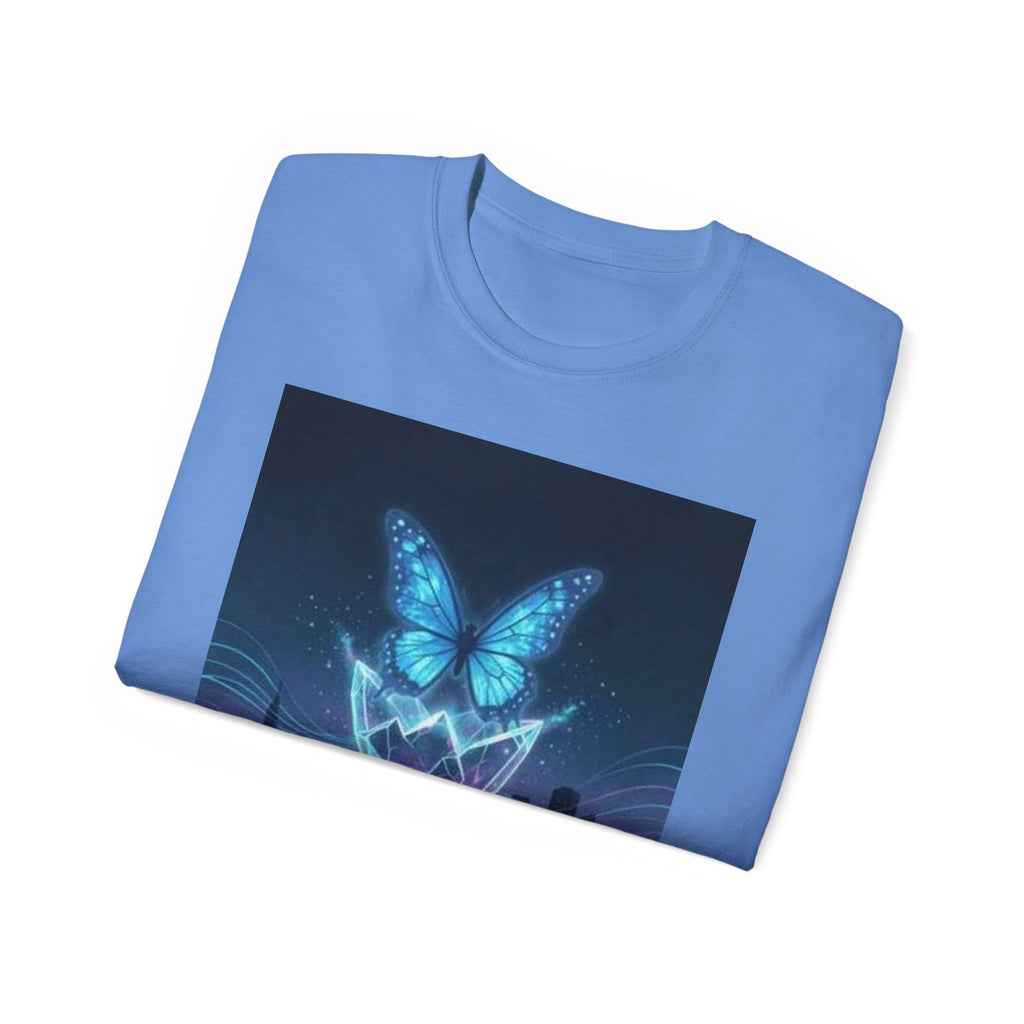 Mystic Neon Butterfly T‑Shirt — Glowing Cityscape Graphic Tee