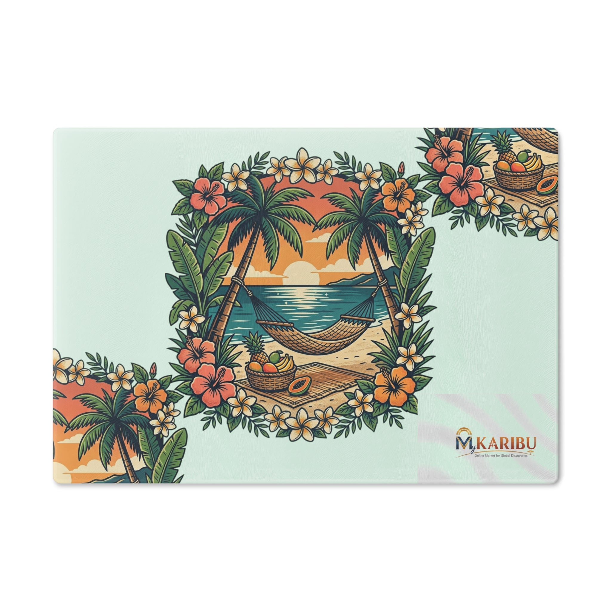 Tropical Beach Cutting Board — Hammock Sunset Design, Floral Palm Island Kitchen Decor