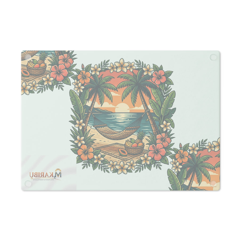 Tropical Beach Cutting Board — Hammock Sunset Design, Floral Palm Island Kitchen Decor