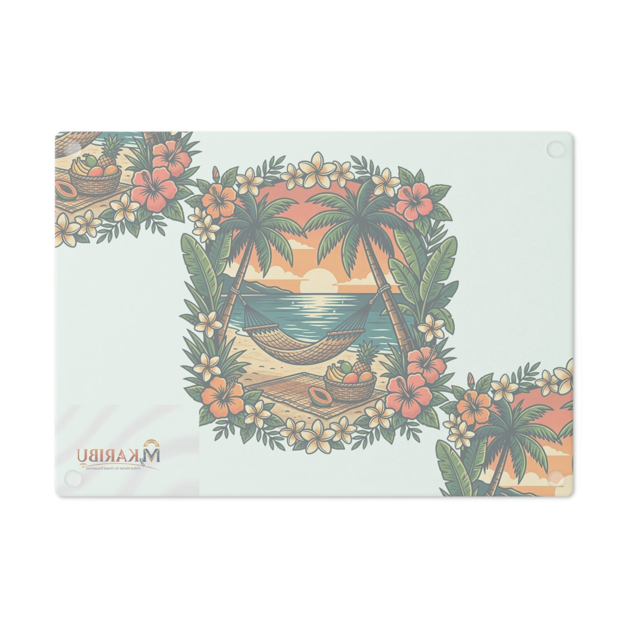 Tropical Beach Cutting Board — Hammock Sunset Design, Floral Palm Island Kitchen Decor