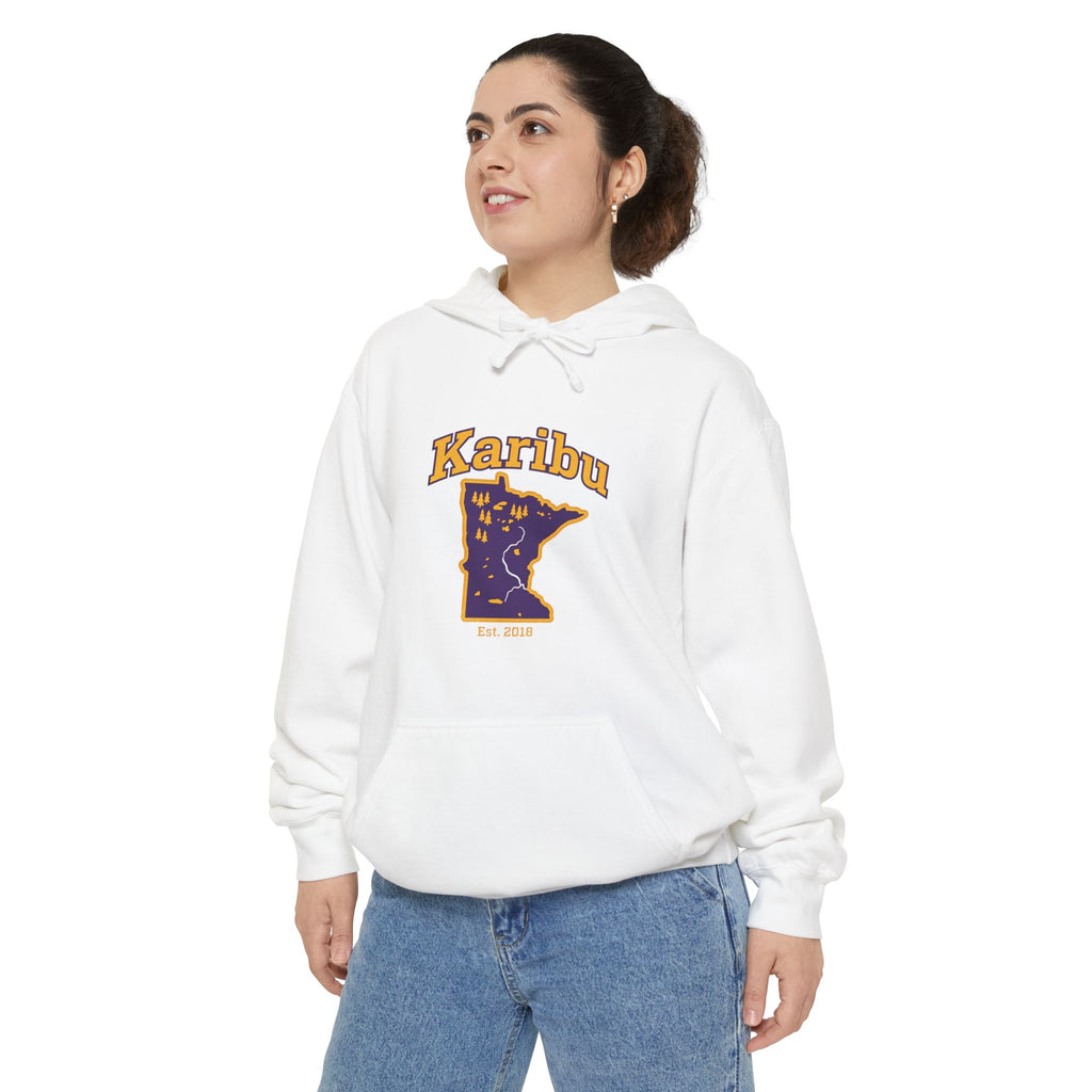 Karibu Minnesota Map Hoodie — Retro Night Sky State Pride Pullover