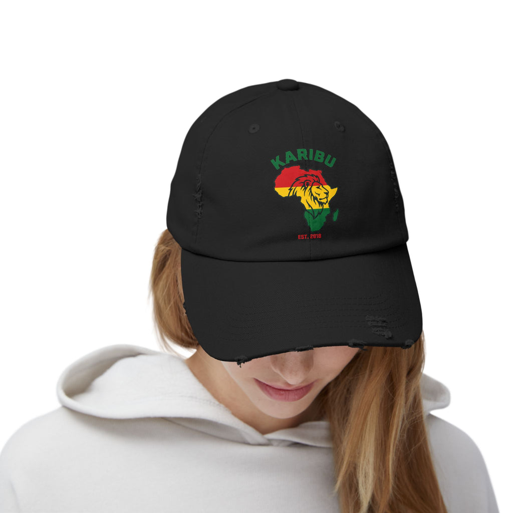 Distressed Cap – "Karibu" Africa Lion Rasta Hat
