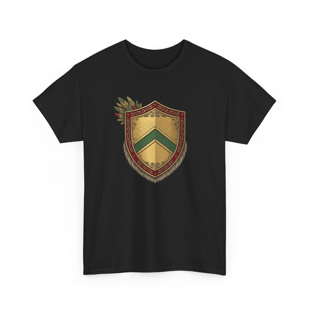 Vintage Herald Shield T-Shirt-Red, Gold, and Green Theme.
