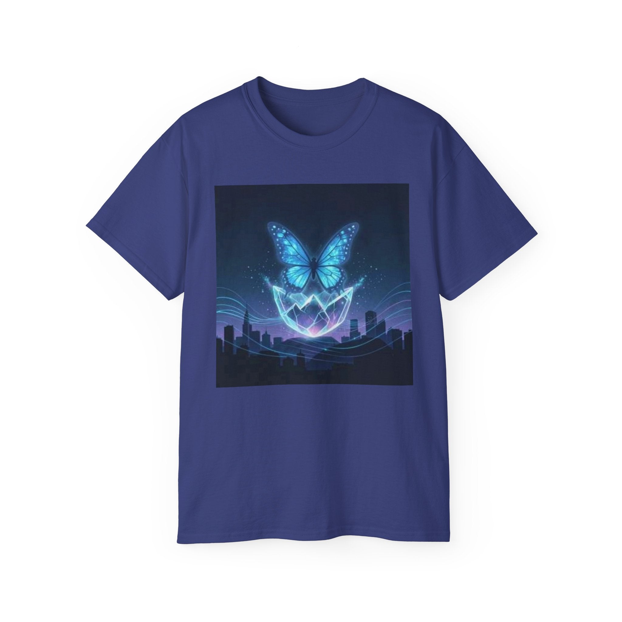 Mystic Neon Butterfly T‑Shirt — Glowing Cityscape Graphic Tee