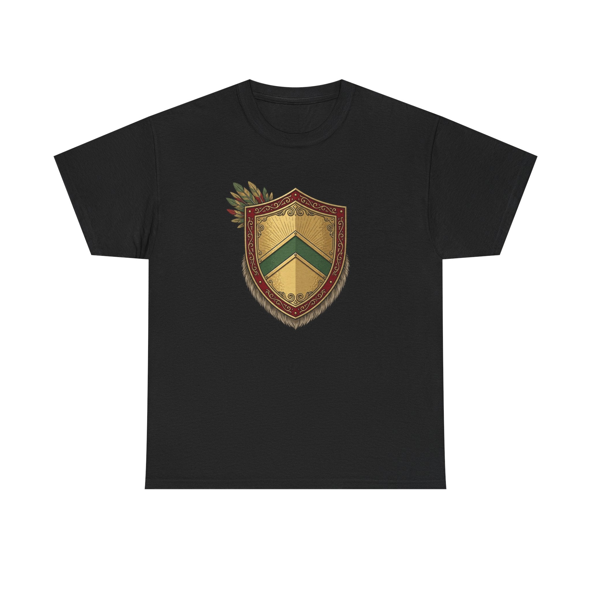 Vintage Herald Shield T-Shirt-Red, Gold, and Green Theme.