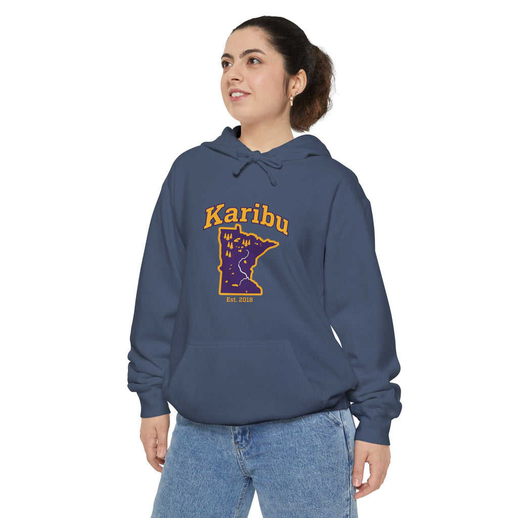 Karibu Minnesota Map Hoodie — Retro Night Sky State Pride Pullover