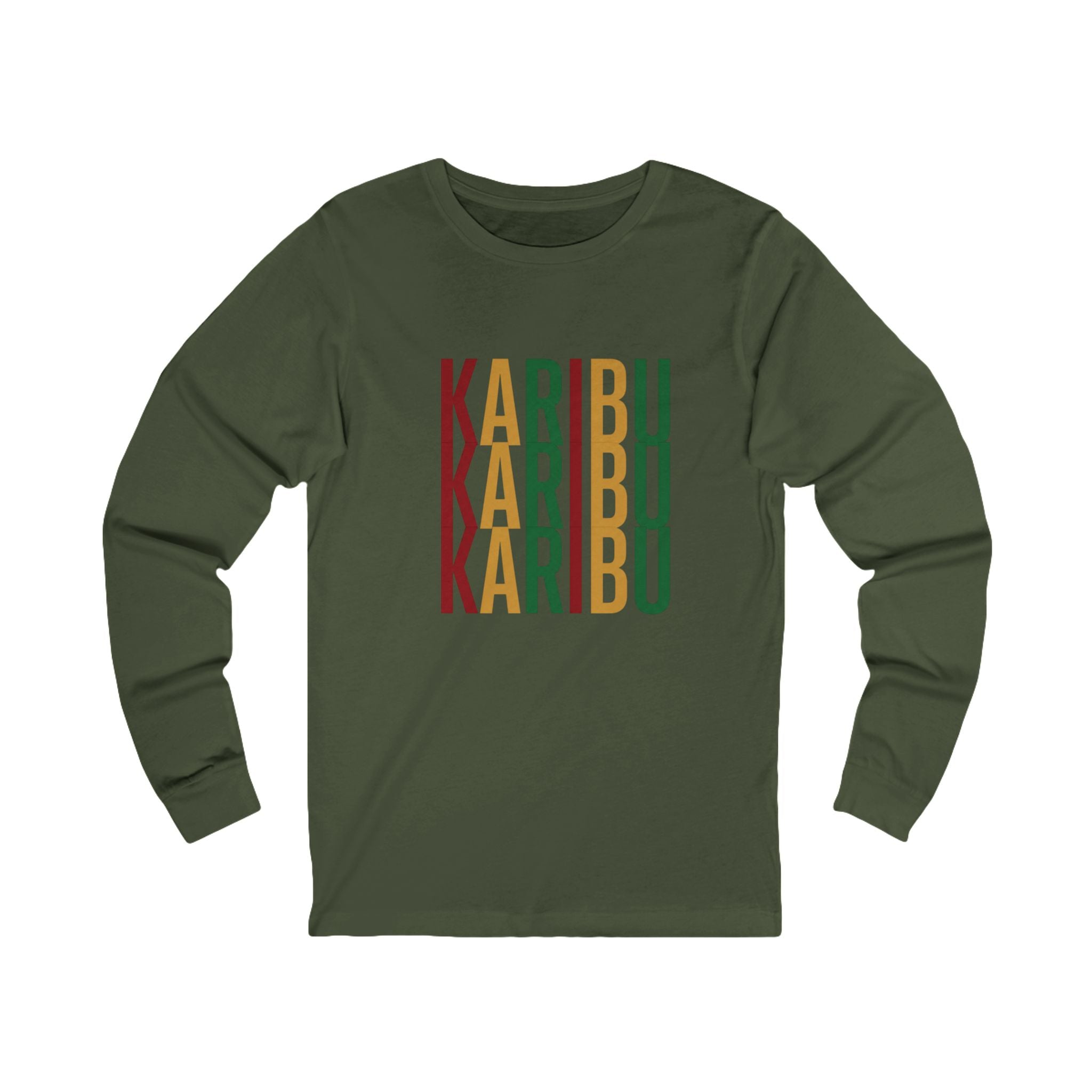 Karibu Vertical Repeat Long Sleeve Tee — Swahili Welcome Graphic Shirt