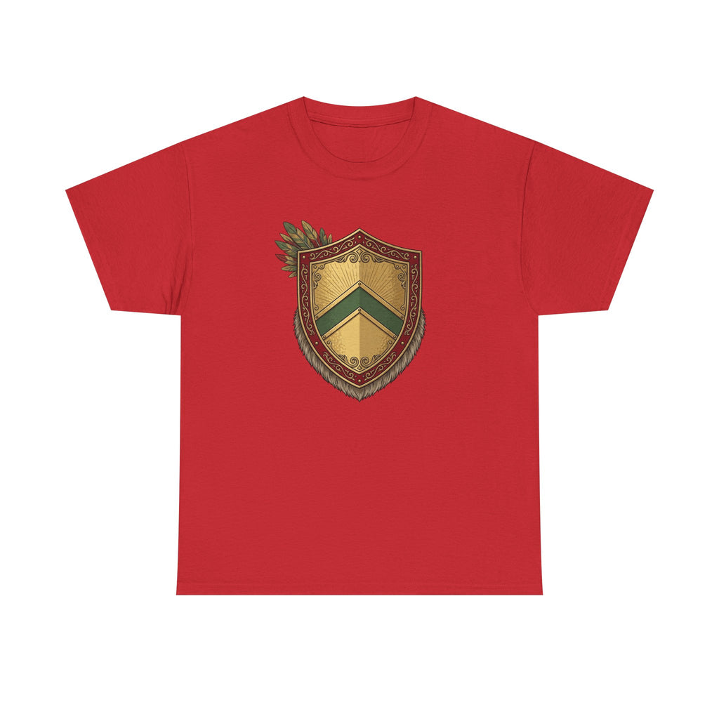 Vintage Herald Shield T-Shirt-Red, Gold, and Green Theme.