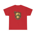 Vintage Herald Shield T-Shirt-Red, Gold, and Green Theme.