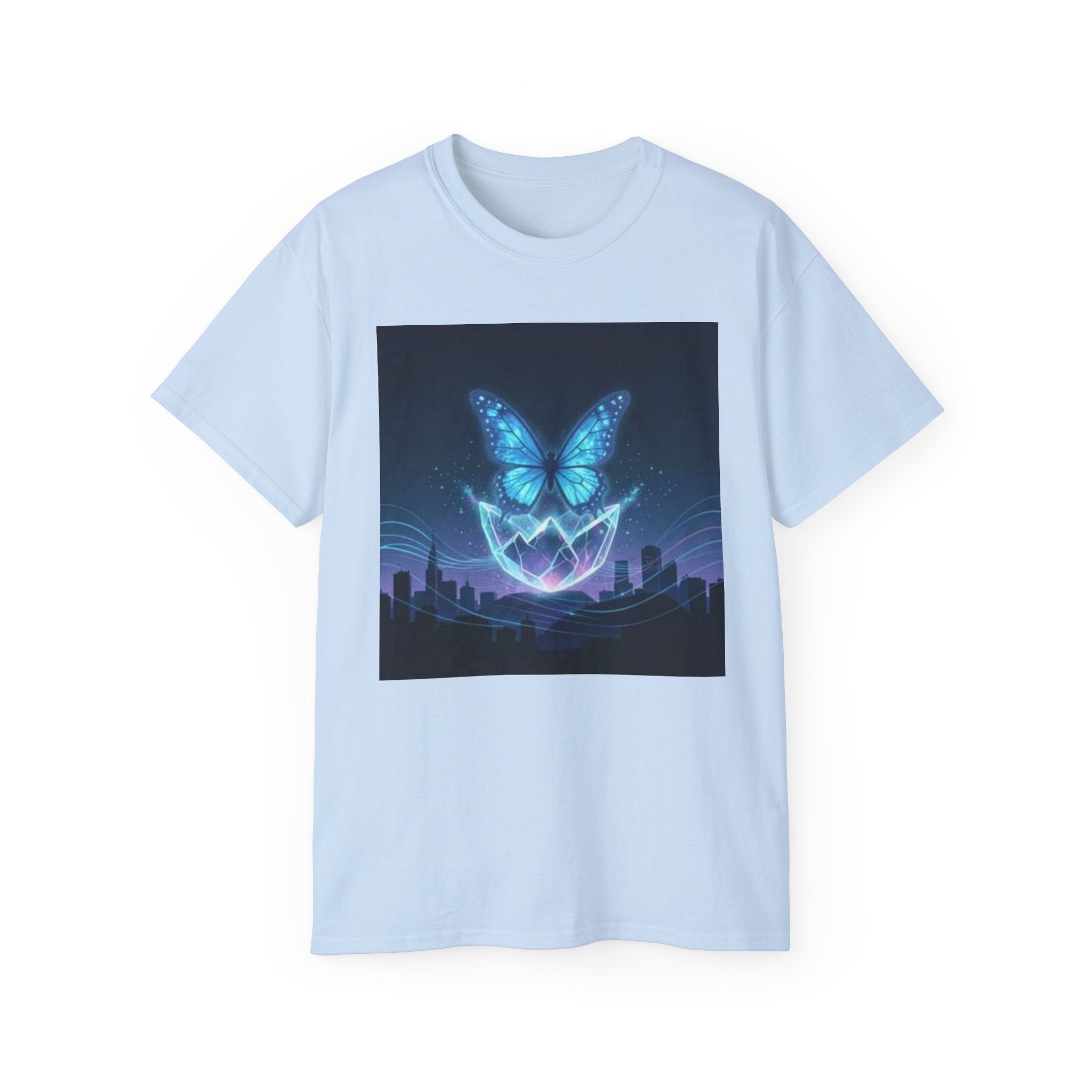 Mystic Neon Butterfly T‑Shirt — Glowing Cityscape Graphic Tee