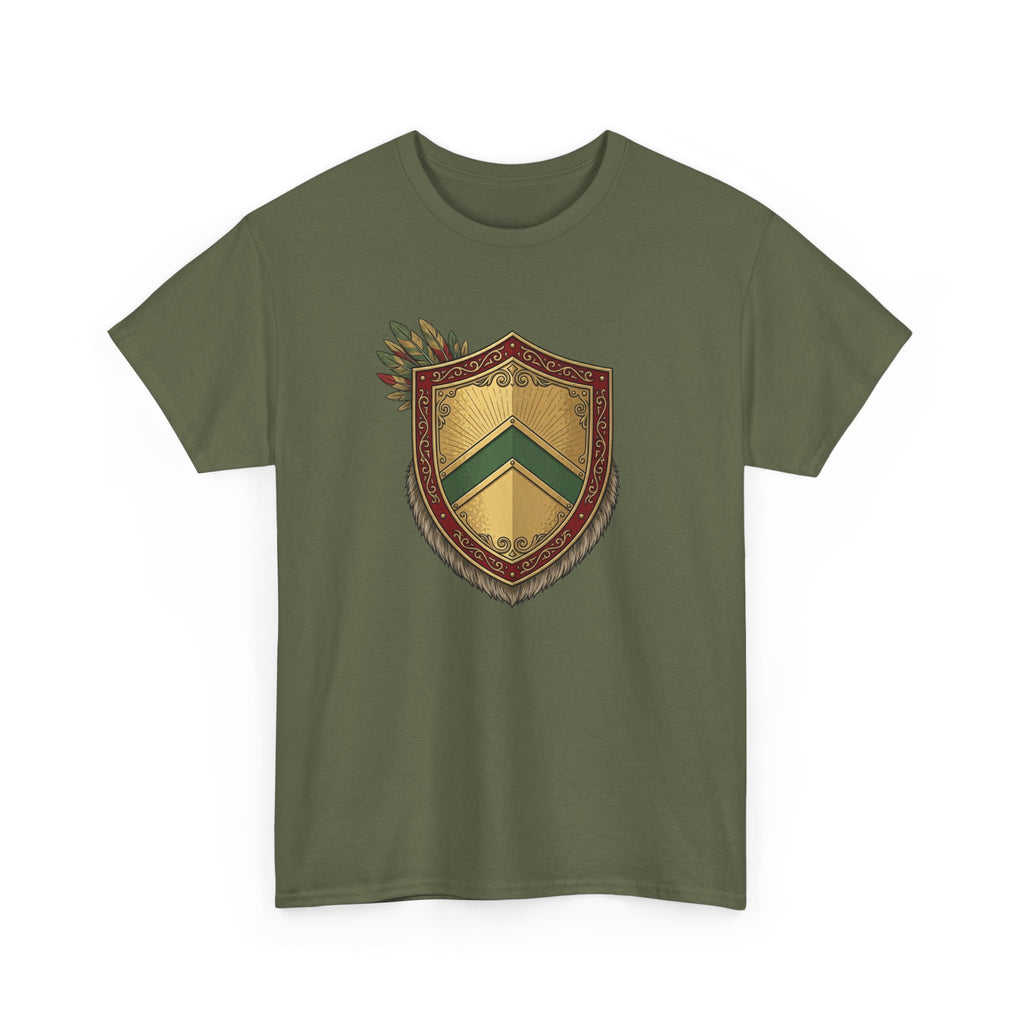 Vintage Herald Shield T-Shirt-Red, Gold, and Green Theme.