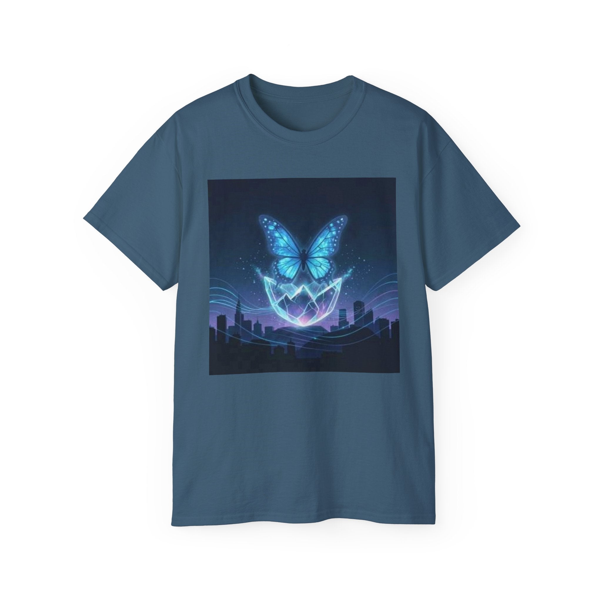 Mystic Neon Butterfly T‑Shirt — Glowing Cityscape Graphic Tee