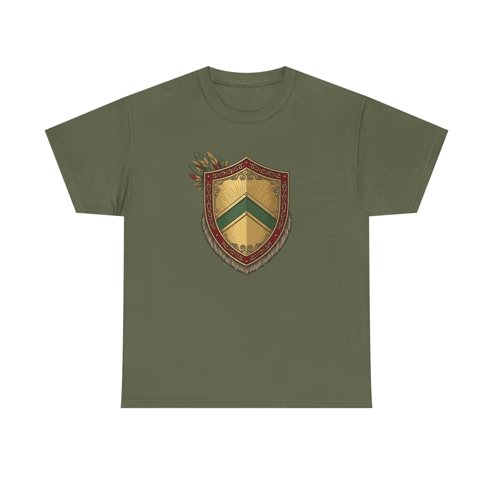 Vintage Herald Shield T-Shirt-Red, Gold, and Green Theme.