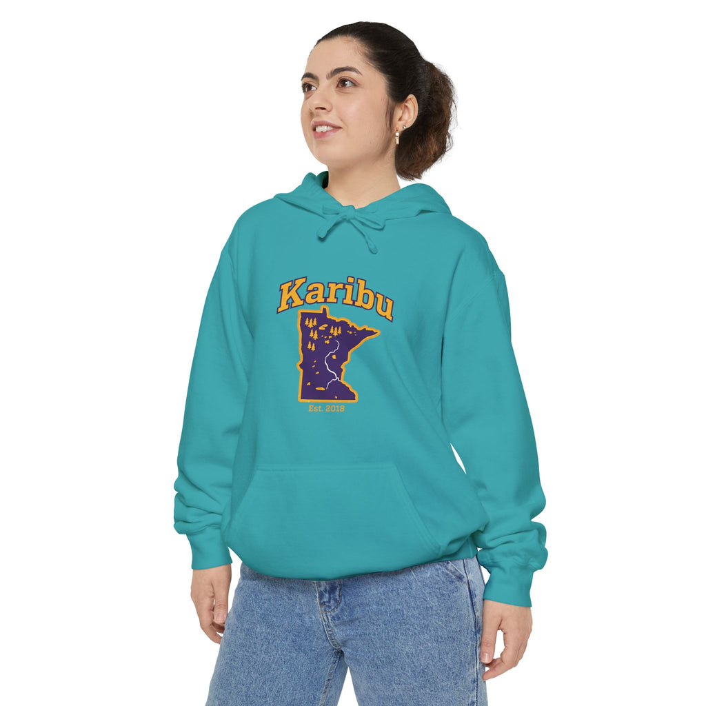 Karibu Minnesota Map Hoodie — Retro Night Sky State Pride Pullover