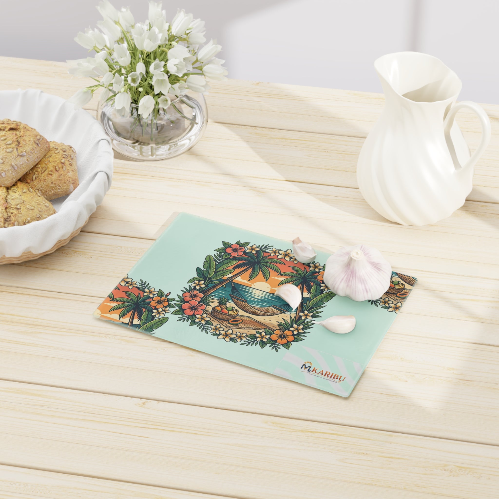 Tropical Beach Cutting Board — Hammock Sunset Design, Floral Palm Island Kitchen Decor