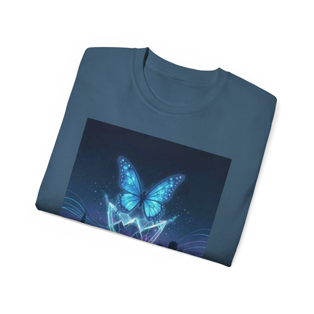 Mystic Neon Butterfly T‑Shirt — Glowing Cityscape Graphic Tee