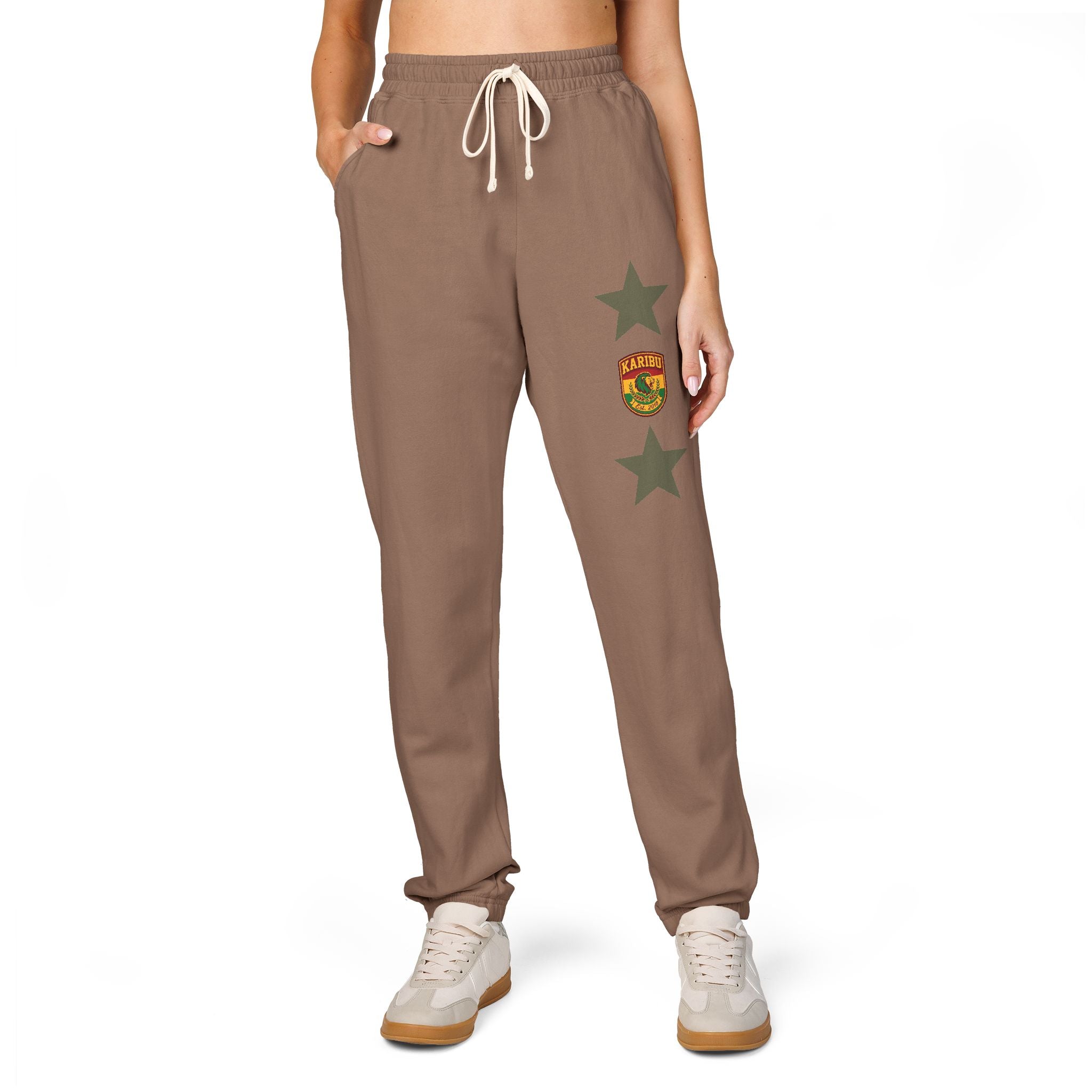 Vintage Army Green Sweatpants with Distressed Stars & Shield Patch