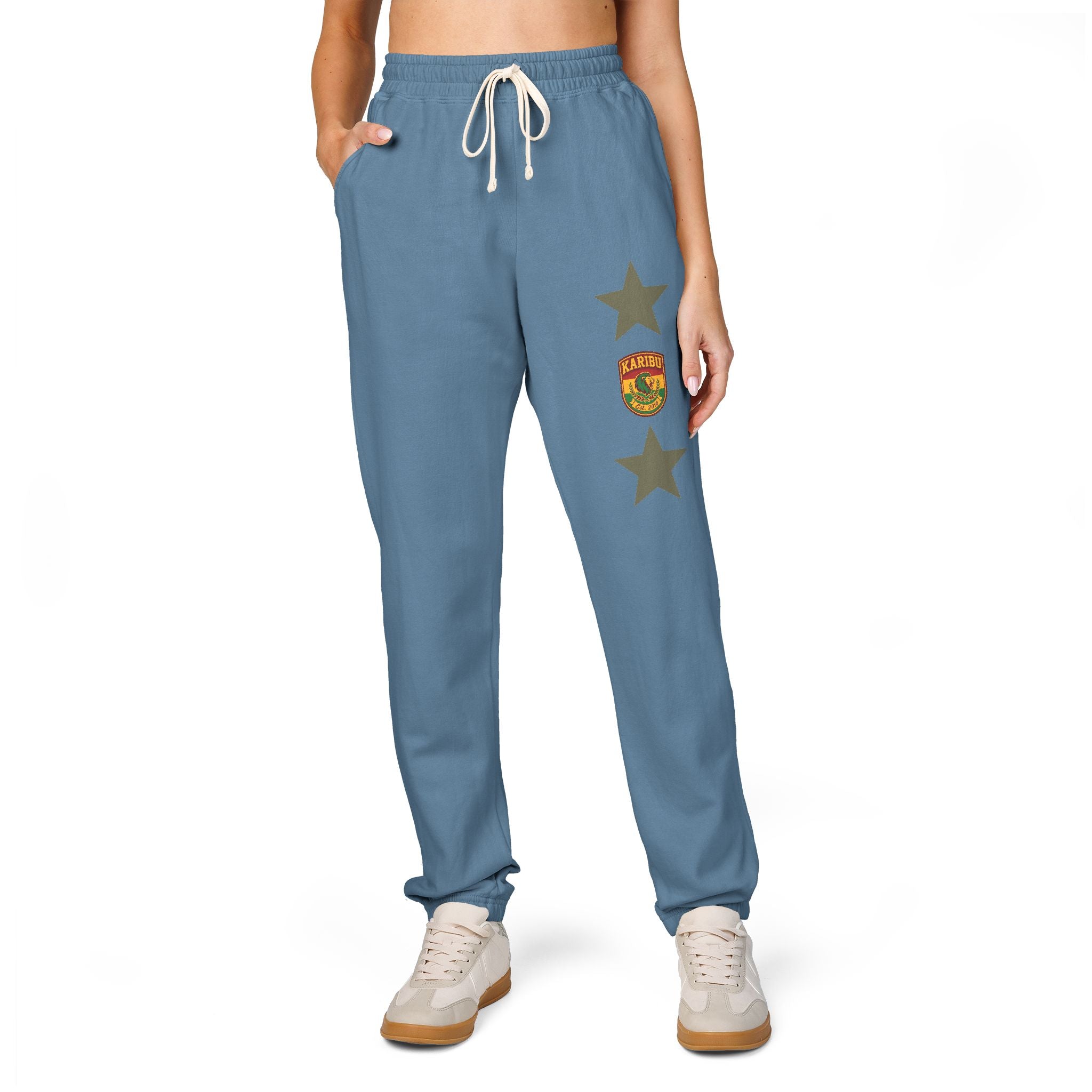 Vintage Army Green Sweatpants with Distressed Stars & Shield Patch