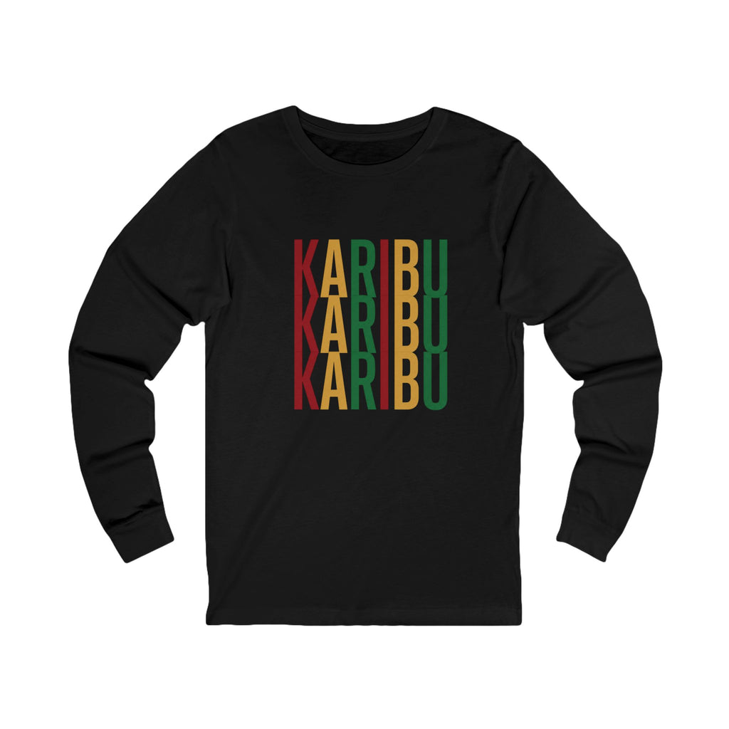Karibu Vertical Repeat Long Sleeve Tee — Swahili Welcome Graphic Shirt