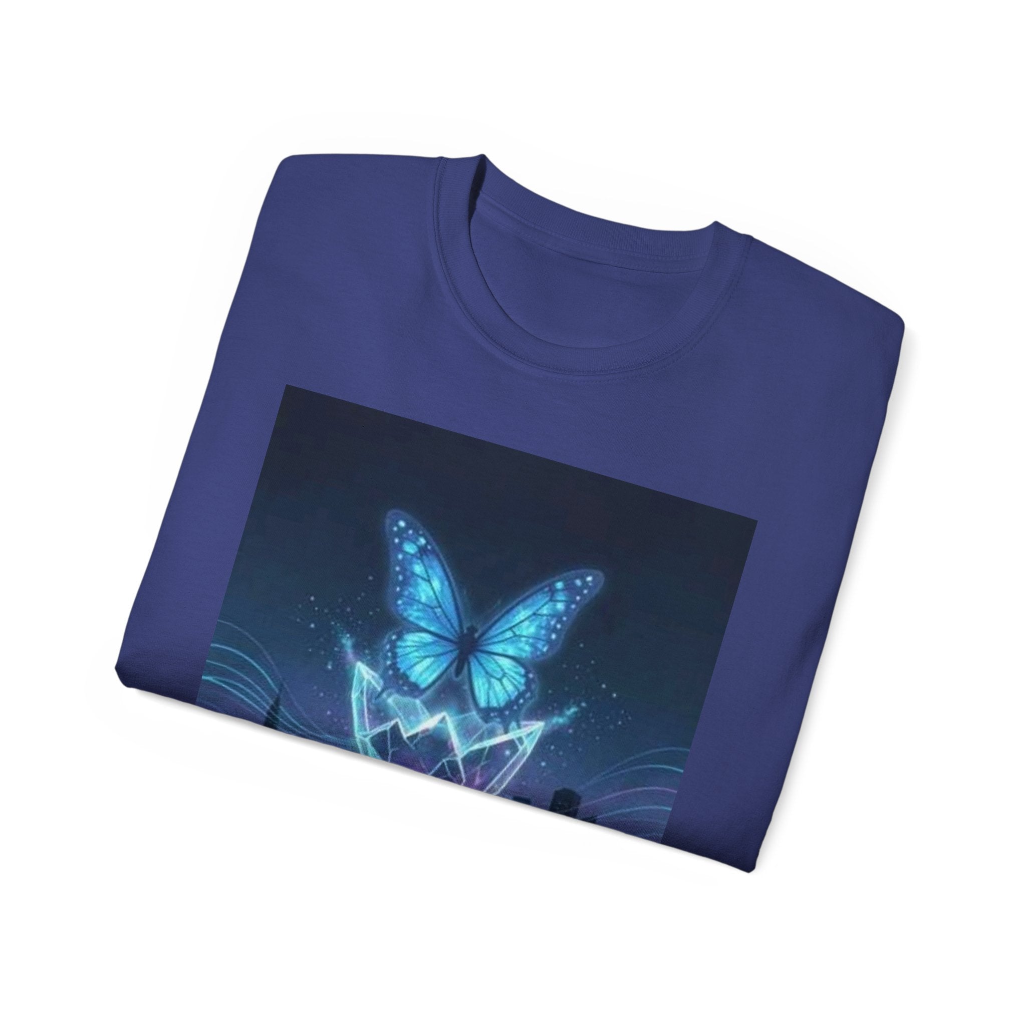 Mystic Neon Butterfly T‑Shirt — Glowing Cityscape Graphic Tee