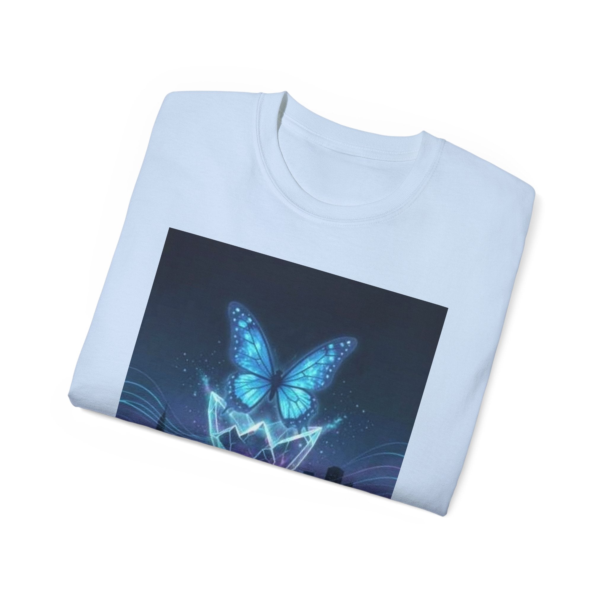 Mystic Neon Butterfly T‑Shirt — Glowing Cityscape Graphic Tee