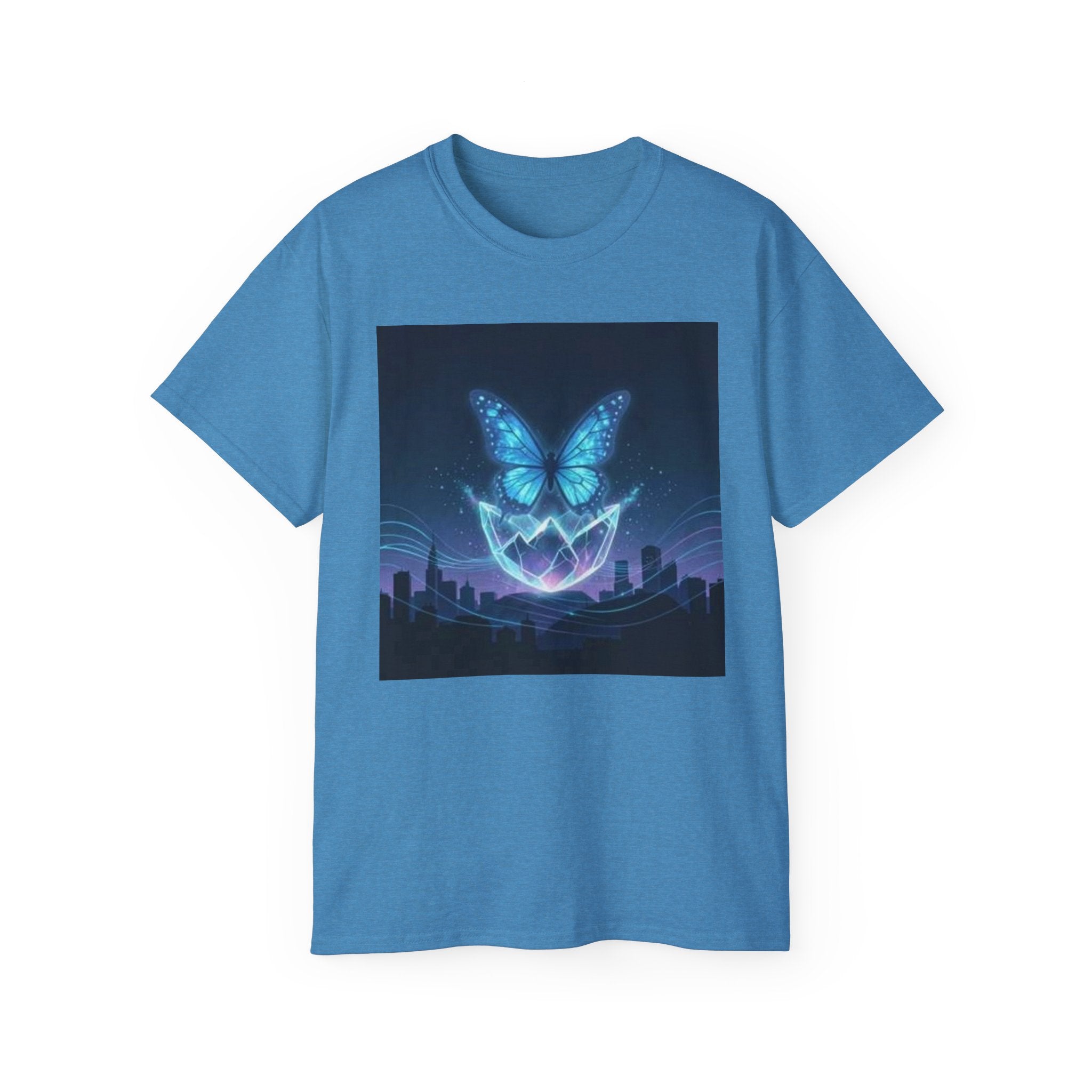 Mystic Neon Butterfly T‑Shirt — Glowing Cityscape Graphic Tee