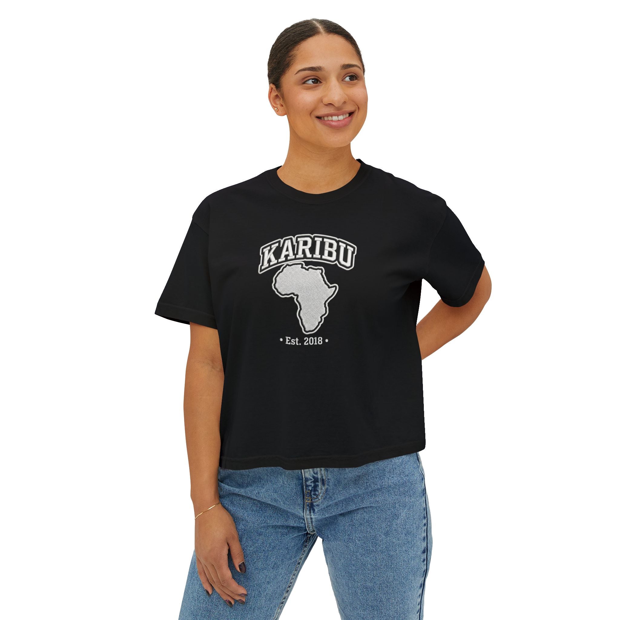 Karibu Africa Boxy Tee – Women's Graphic T-Shirt (Est. 2018)