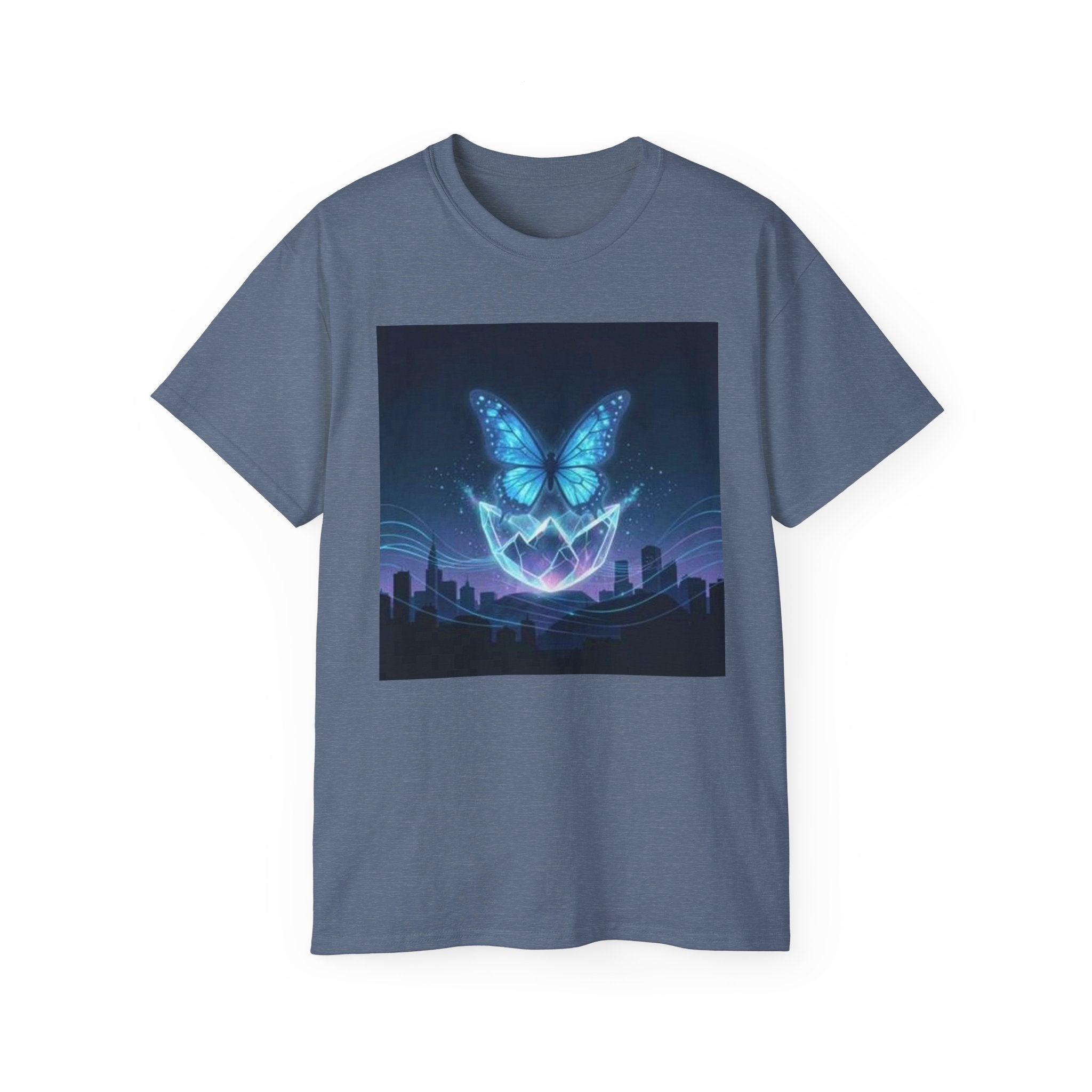 Mystic Neon Butterfly T‑Shirt — Glowing Cityscape Graphic Tee