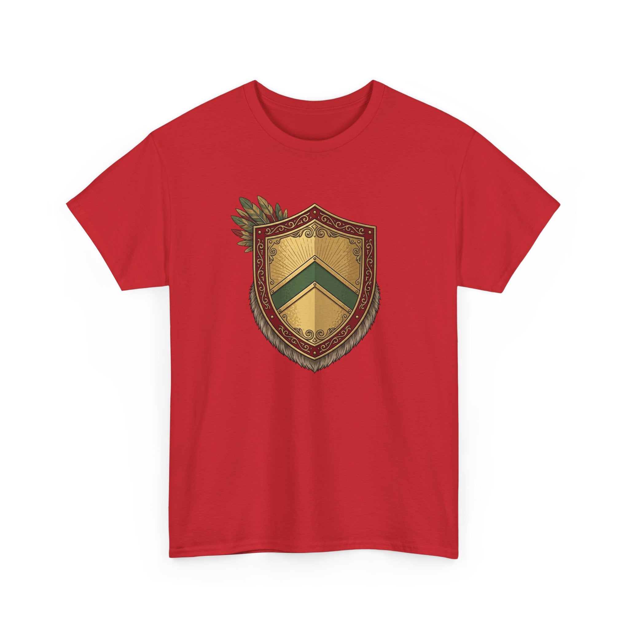 Vintage Herald Shield T-Shirt-Red, Gold, and Green Theme.