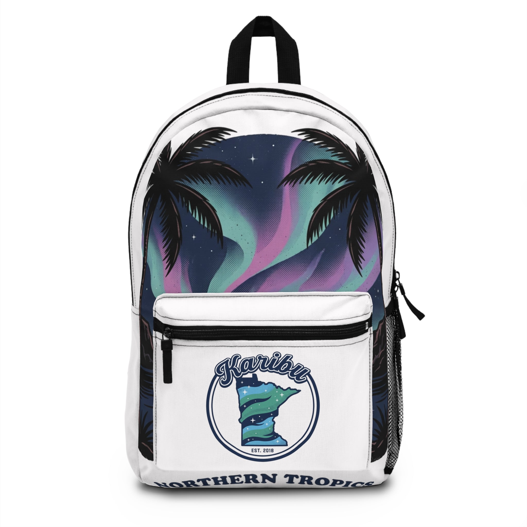 Tropical Northern Lights Backpack — Palm Tree Aurora Print Travel Backpack