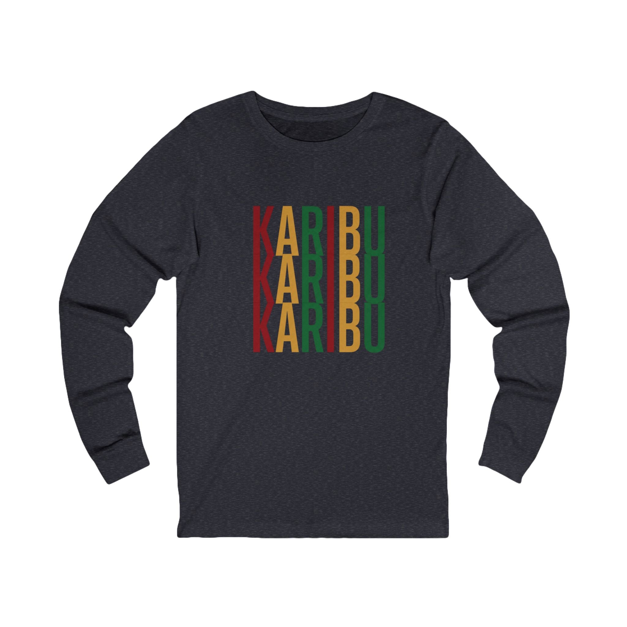 Karibu Vertical Repeat Long Sleeve Tee — Swahili Welcome Graphic Shirt