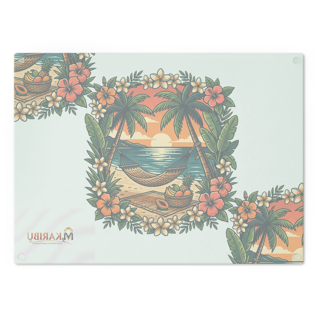 Tropical Beach Cutting Board — Hammock Sunset Design, Floral Palm Island Kitchen Decor