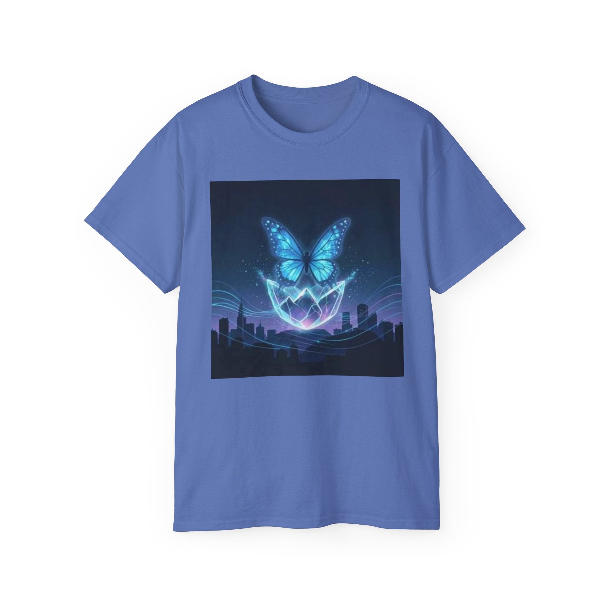 Mystic Neon Butterfly T‑Shirt — Glowing Cityscape Graphic Tee