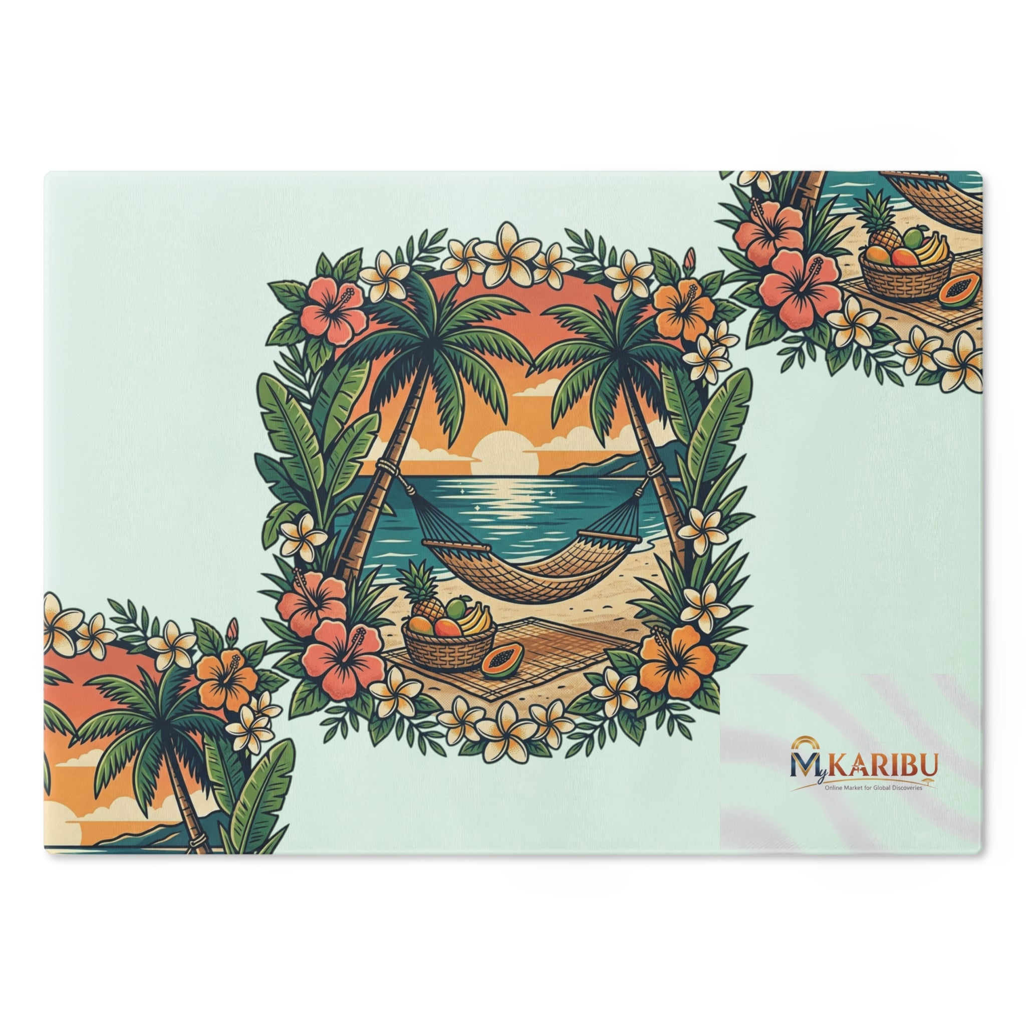 Tropical Beach Cutting Board — Hammock Sunset Design, Floral Palm Island Kitchen Decor