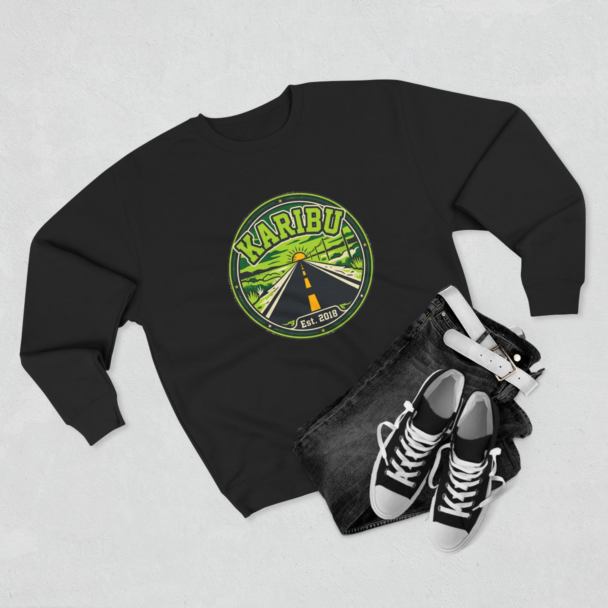 Karibu Roadtrip Crewneck Sweatshirt — Vintage Adventure Travel Graphic