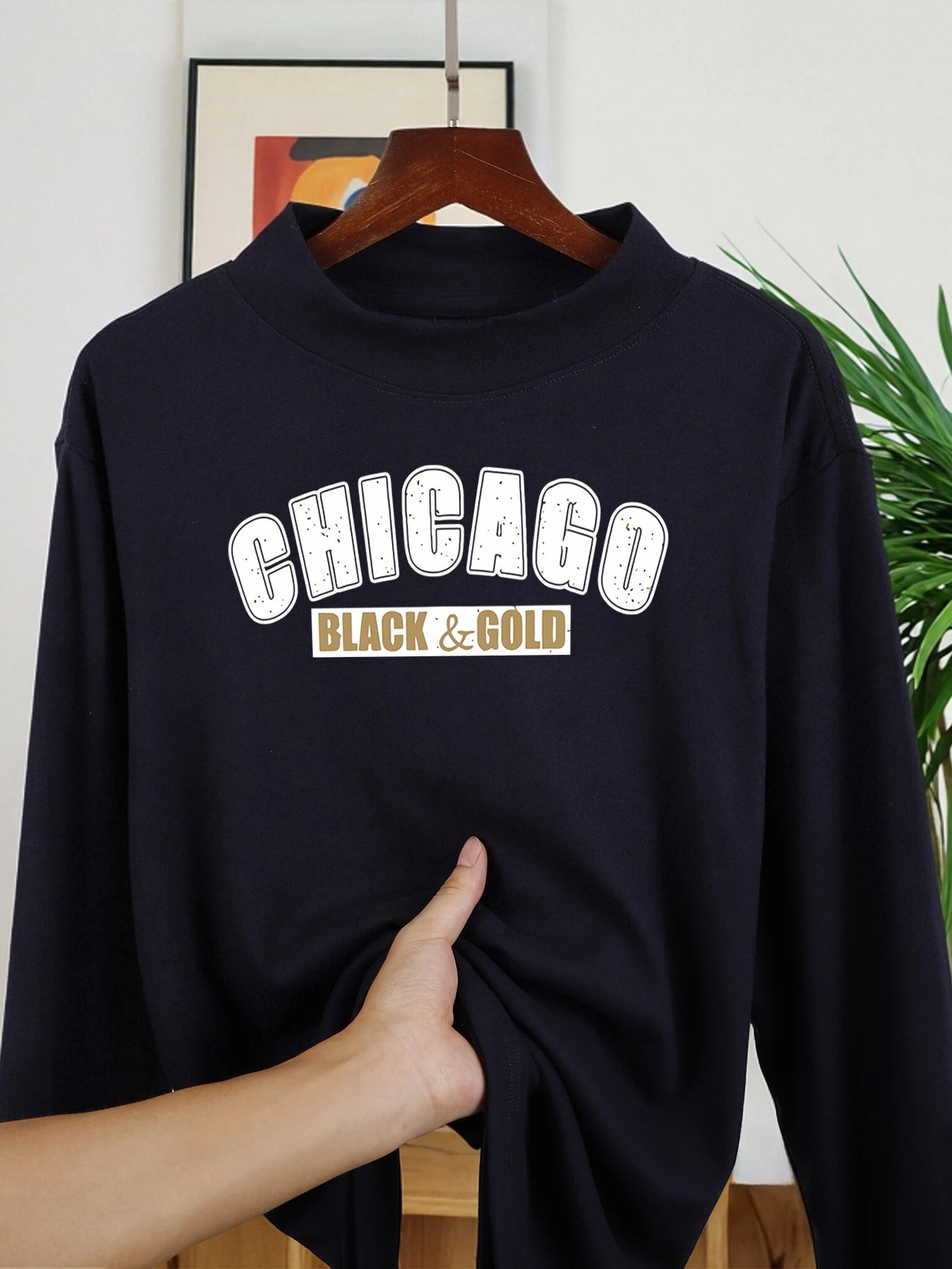 Chicago Black Gold Prints Inner Wear Man'S Autumn Winter Long Sleeve Shirt Velvet Fleece Mock Neck Tops Fit Thicken Clothing